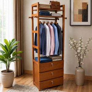 Premium Mahogany Wooden Clothes Hanger Wardrobe with 3 Lockable Drawers