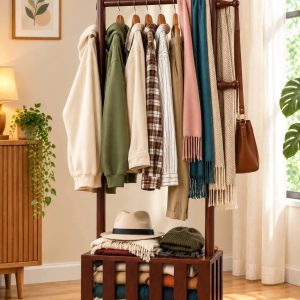 Premium 360° Rotating Wooden Alna Stand with Wheels & Hanging Rod | Multi-Functional Clothes